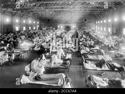 Emergency influenza hospital at Camp Funston, Kansas during the Spanish Flu pandemic of 1918.