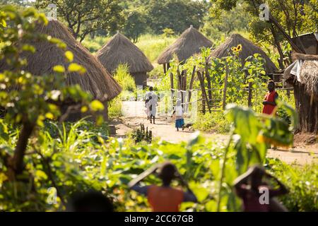 Refugees from South Sudan live in makeshift mud and grass-thatch homes in Palabek Refugee Settlement in northern Uganda, East Africa. Stock Photo