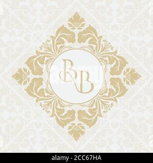 Monogram from intertwining letters BB in flower frame on background of seamless pattern.Place for the text. Template for cafe, bars, boutiques, invita Stock Vector