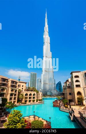 DUBAI, UAE - FEBRUARY 26, 2019: Burj Khalifa or Khalifa Tower is a skyscraper and the tallest building in the world in Dubai, UAE Stock Photo