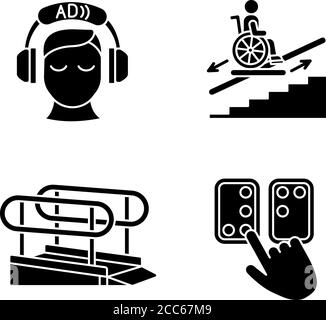 People with disabilities facilities black glyph icons set on white space Stock Vector