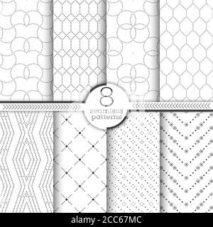 Set of vector seamless patterns. Modern stylish geometric textures with small dots. Infinitely repeating geometrical ornaments with dotted shapes. hex Stock Vector