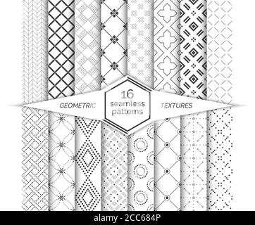 Big set of vector seamless patterns. Modern stylish geometric textures. Regularly repeating geometrical backgrounds with different shapes. Trendy grap Stock Vector