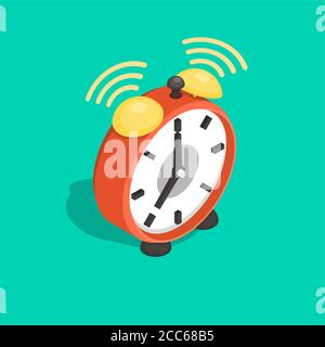 The alarm clock with a shadow on the isolated green background.3D. Isometric illustration. Design element. A vector illustration in flat style. Stock Vector