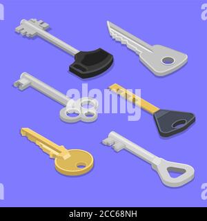A set of keys for locks and doors on the isolated blue background with a shadow.Dressing of elements for opening and closing.3D. Isometry. A vector il Stock Vector