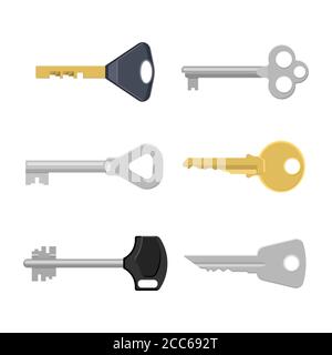 A set of keys for locks and doors on the isolated white background.Design elements for opening and closing.Vector illustration in flat style. Stock Vector