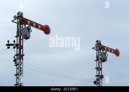 Traffic signal pole in the stop status of the railway traffic system in the local station,northern line of Thailand. Stock Photo