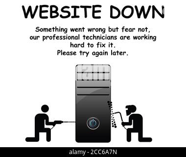 Comical website down with technicians working to solve the problem isolated on white background Stock Photo