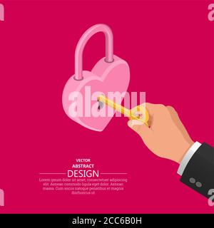Hand with a key in the lock of a shape of heart.Concept of a wedding.Isometry.3D style. Vector illustration. Stock Vector