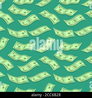 The flying dollar notes on a green substrate. Seamless pattern. Background. Vector illustration. Stock Vector