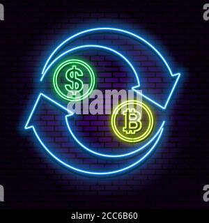 Neon illustration of an arrow currency exchange. The shining banner in a retro style. Bank transactions with cryptocurrency. Design elements. Vector i Stock Vector
