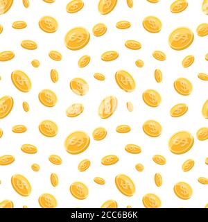 The flying gold coins on a white background. A rain from dollar signs. Seamless pattern. Vector illustration. Stock Vector