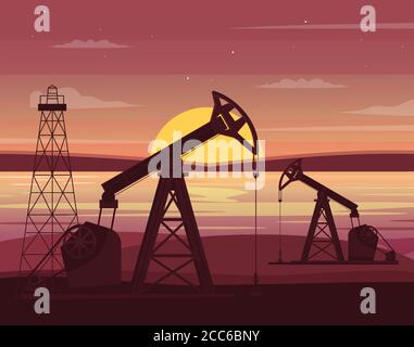 Oil drilling station semi flat vector illustration Stock Vector