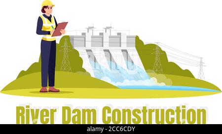 River dam construction semi flat RGB color vector illustration Stock Vector