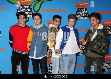 LOS ANGELES - MAR 24:  Chance Perez, Michael Conor, Drew Ramos, Sergio Calderon, Brady Tutton at the 2018 Kid's Choice Awards at Forum on March 24, 2018 in Inglewood, CA Stock Photo