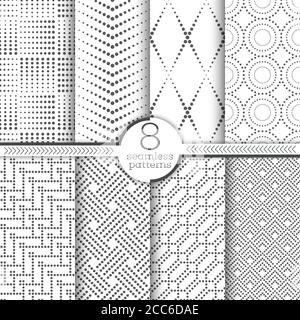 Set of vector seamless patterns. Modern stylish geometric textures with small dots. Infinitely repeating geometrical ornaments with dotted shapes. hex Stock Vector