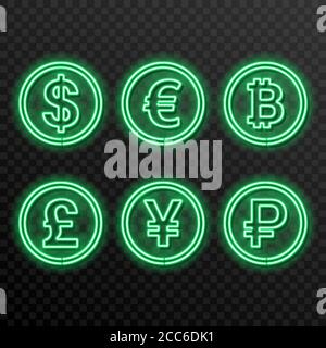 A set of neon symbols of currencies on a transparent background. Dollar, euro, pound, yuan, ruble, bitcoin. The shining bank notes. Design elements. R Stock Vector