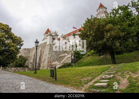 The park at the base of the steps at Bratislava Castle, Bratislava, Slovakia Stock Photo