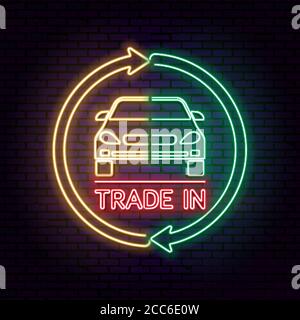 Neon sign. Two halves of the car with an exchange arrow against a dark background. Good bargain.Concept get prettier transactions it is made with the Stock Vector