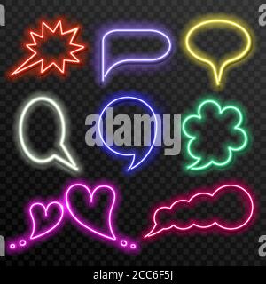 A set of neon speech bubbles on a dark transparent background. Isolated. The shining forms for the text, the quote, the message, dialogue. A vector il Stock Vector