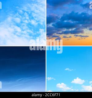 Set of four different skies with clouds. Day, night and sunset. Colorful natural backgrounds Stock Photo