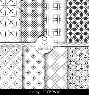 Set of vector seamless patterns. Modern stylish textures. Regularly repeating geometrical ornaments with thin lines, dots, triangles, rhombuses, diamo Stock Vector