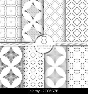 Set of vector seamless patterns. Modern stylish textures. Regularly repeating geometrical ornaments with striped rhombuses, stars, circles, arcs. Stock Vector