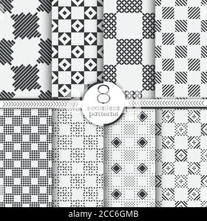 Set of checkered seamless patterns. Modern stylish plaid textures. Regularly repeating geometrical ornaments with strips, triangles, rhombuses, diamon Stock Vector
