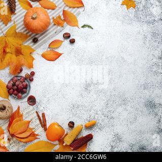 Frame of pumpkin, leaves and autumn decorations on white stone background Stock Photo