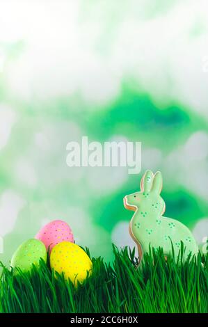 Easter bunny cookie and painted eggs on the grass Stock Photo