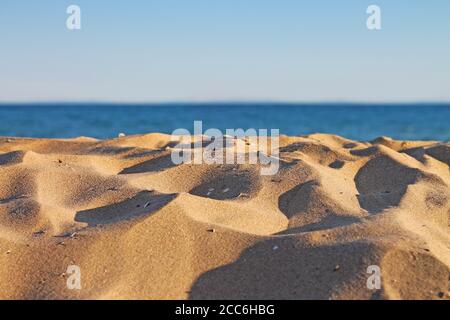 Tranquil empty sandy beach close up. Black sea coast. Stock Photo