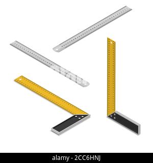 A set of construction rulers with a shadow. Realistic tools for measurement.3D. Isometry. The isolated elements for design. A vector illustration in f Stock Vector