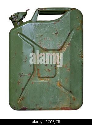 An Old Grungy Oil Or Gas (Petrol) Jerry Can Or Container On A White Background Stock Photo