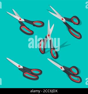 A set of scissors with a shadow. Open and close tools. Office accessories. Elements for design. Isometric projection.3D. A vector illustration in flat Stock Vector