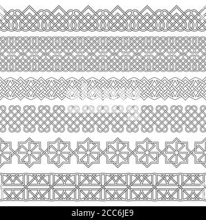 Vector set of monochrome dividers.Borders for the text, invitation cards, various printing editions.Celtic ornament. Seamless horizontal patterns. Eth Stock Vector