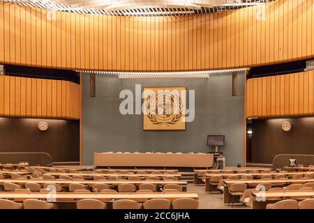 Geneva, Switzerland - August 23, 2014 - Conference room XIX in United Nations office (UNOG) in Geneva, Switzerland. On the thord floor with capacity o Stock Photo