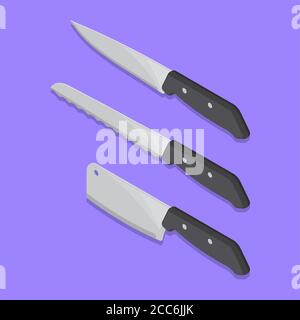 A set of kitchen knives on the isolated background. Tools for cutting.3D. An isometric vector illustration in flat style. Elements for design. Stock Vector