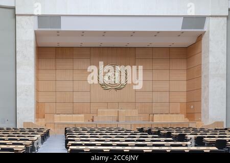 Geneva, Switzerland - August 23, 2014 - The assembly hall in United Nations office (UNOG) in Geneva, Switzerland. The Assembly Hall is used for big me Stock Photo