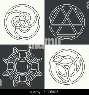 Set of ancient symbols executed in linear style.Celtic signs,knots,interlacings.Concept of secret and origin of mankind.Mascots and charms executed in Stock Vector