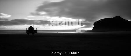 Black and white silhouette image of Te Henga (Bethells Beach) at sunset, west Auckland Stock Photo