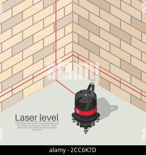 Laser level.The included device in the building under construction.  The tool for measurement. Device for repair.3D. Isometry. Vector illustration. Re Stock Vector
