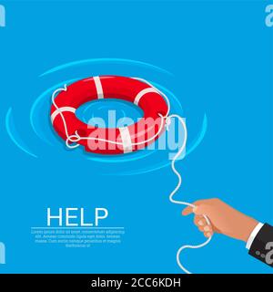 The hand throws a lifebuoy. Concept of the help in a disastrous situation.3D. An isometric illustration in flat style. Elements for design. Stock Vector