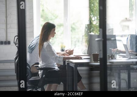 Woman working at computer in an office. Stock Photo