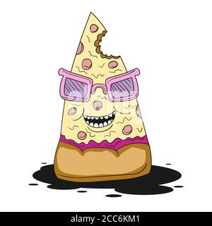 Pizza slice in glasses cartoon character on a white isolated background. Vector image Stock Vector