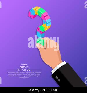 Hand of the person holds question mark from puzzles.Isometric illustration.Concept of a raising of a question in business.Difficulty, obstacle, soluti Stock Vector