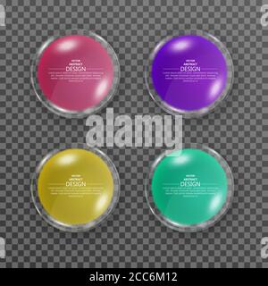 A set of round glass banners with a shadow. Multi-colored glossy buttons on the isolated background. Elements for design. Vector illustration. Stock Vector