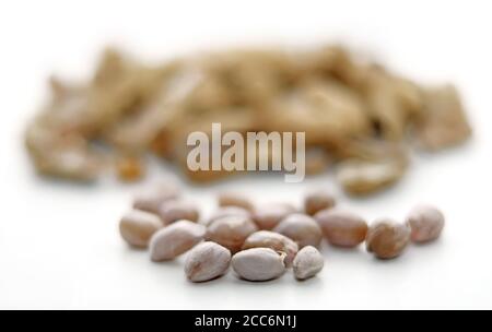 Dried peanuts in closeup, white background Stock Photo