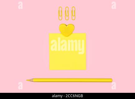 Yellow School Supplies and Sticky Note on Pink Background. Stock Photo