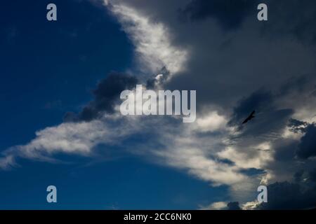 Black cloud and thunderstorm before rainy, Dramatic black cloud and dark sky Stock Photo