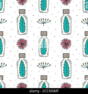 Organic cosmetics vector doodle hand drawn line art seamless pattern, texture, background. Packages, herbs, plants. Elegant design. Vegan cosmetics, e Stock Vector